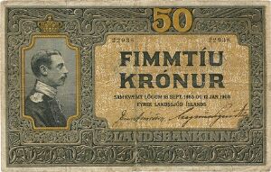 50 kr u. år 1916, nr. 22938, Sieg 14, Pick 9a, 2 reparerede makuleringshuller