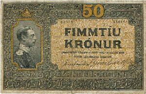 50 kr u. år 1916, nr. 23316, Sieg 14, Pick 9a, 2 reparerede makuleringshuller samt papirgennembrud i midterfold