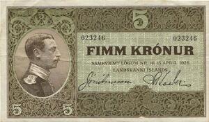 5 kr u. år 1929, nr. 023246, Sieg 29, Pick 23
