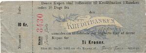 Kreditbanken i Randers, 1. serie, 10 kr  u. år 1891, blanket med tilhørende talon, Sieg 43