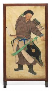 Kinesisk maleri med fin herre i farver. Malt på silke. Ca. 1800. 133 x 71 cm. Monteret i ramme.