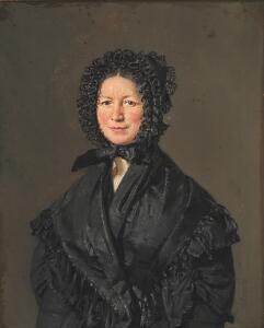 C. A. Jensen Portræt af madam Henneberg i sort frakke, sort sjal og kysehat.