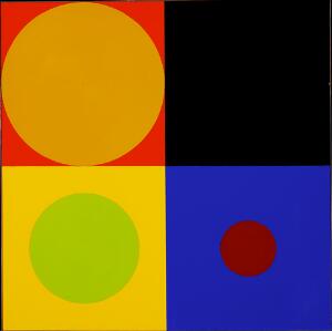 Poul Gernes Tre forskellige cirkler på fire kvadrater, ca. 1970. Sign. på bagsiden Poul Gernes. Olielakfarve på limgrundet masonit. 92 x 92.