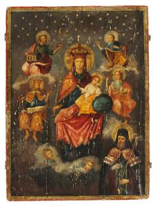 Russisk kirkeikon. Gudsmoder med Jesusbarnet omgivet af helgerner. 18. årh. 72 x 52 cm.