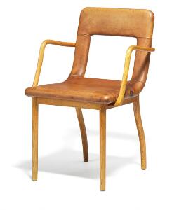 Flemming Lassen Unik armstol med svungent stel af elm. Sæde samt gennembrudt ryg betrukket med originalt patineret naturskind.