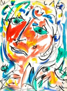 Carl-Henning Pedersen Ansigt og fugl. Sign. chp 1990. Mixed media på papir. Bladstørrelse 45 x 33.
