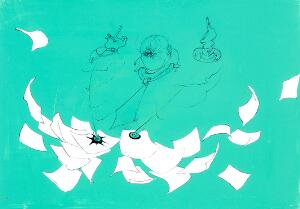 Inka Essenhigh Untitled Aqua, 2000. Olie og mixed media på papir. Bladstørrelse 35 x 51.