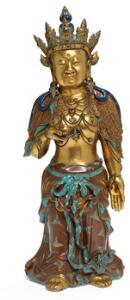 Dizang bodhisattva af porcelæn, dekoreret i bronze farve og porcelæn i farver. Ca. 1900. H. 45 cm.