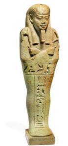 Ushabti af ægyptisk grønlig fajance. 26. dynasti. 664-525 f.Kr. H. 13,5 cm.