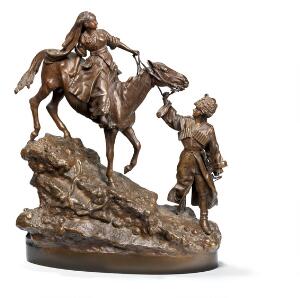 Vasily Yakovlevich Grachev En kossak fører en kvinde til hest ned ad en skråning. Russisk figurgruppe af, udført hos C. F. Woerffel i Skt. Petersborg. H. 26.