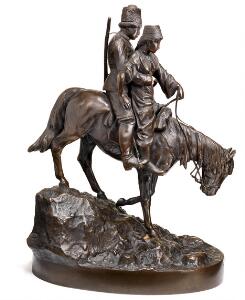 A. M. Bonegor Russisk figur af patineret bronze, kosak og ung pige til hest, oval base. H. 30.
