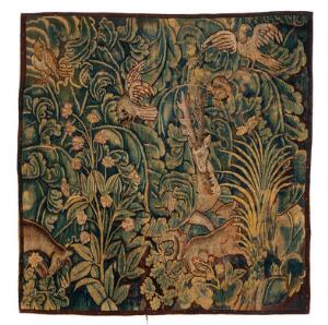 Flamsk Feuilles de Choux tapet, forestillende skov af blomster og bladværk med forskellige eksotiske dyremoitver. 1617. årh.