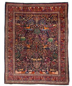 Mashad tæppe, Persien. Design med talrige jagtscenerier på blå bund. 20. årh.s begyndelse. 325 x 254.