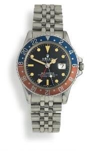 Rolex Herrearmbåndsur af stål. Model GMT-Master, ref. 1675. Chronometer certificeret automatisk værk med GMT og dato. 1970-71. Endestykker indleveret