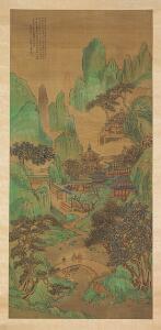 Kinesisk hænge scroll i farver forestillende bjergrigt landskab med arkitektur og personer på bro. Malt på silke. Billede 103 x 48 cm.