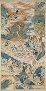 Kinesisk hænge scroll - silke vævning forestillende de 8 udødelige som skal til fødselsdag. Sen Qing, ca. 1900. Billede 165 x 84 cm.