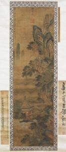 Kinesisk hængescroll landskab med personer stående på bjerghylde. Mange samlere har skrevet deres kombliment. Billede 155 x 46 cm.