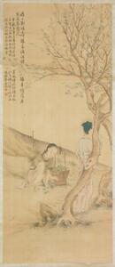 Kinesisk hænge scroll to kvinde samler morbær blade under træ. Malt på silke. Daoguang. Billede 89 x 38 cm.