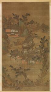 Kinesisk hænge scrolle Palads sceneri i landskab. Sign. Qian Li Bo Ju. Malt på silke. Sen Qing. Billede 62 x 33.5 cm.