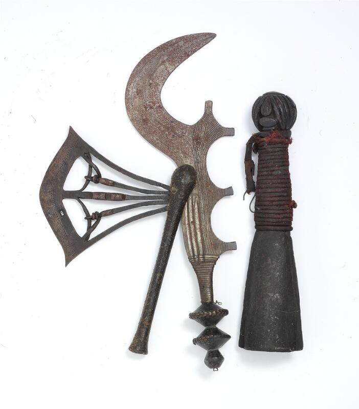 Axe Sword And Bell Of Patinated Iron And Wood Mounted With Rope And Nail Songye Nkundu D R Congo And Cameroun L 37 65 Cm 3 Auctions Price Archive