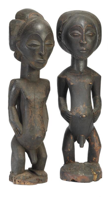 Two large ancestor figures of carved patinated wood. Hemba style. H. app...