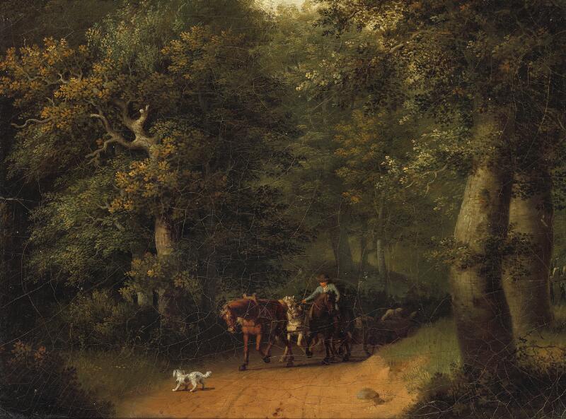 Jens Juel: Horse and carriage on a forest road. Ca. 1800. Unsigned. Oil on...