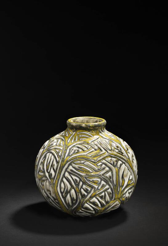 Axel Salto: A round stoneware vase modelled with branches in relief...