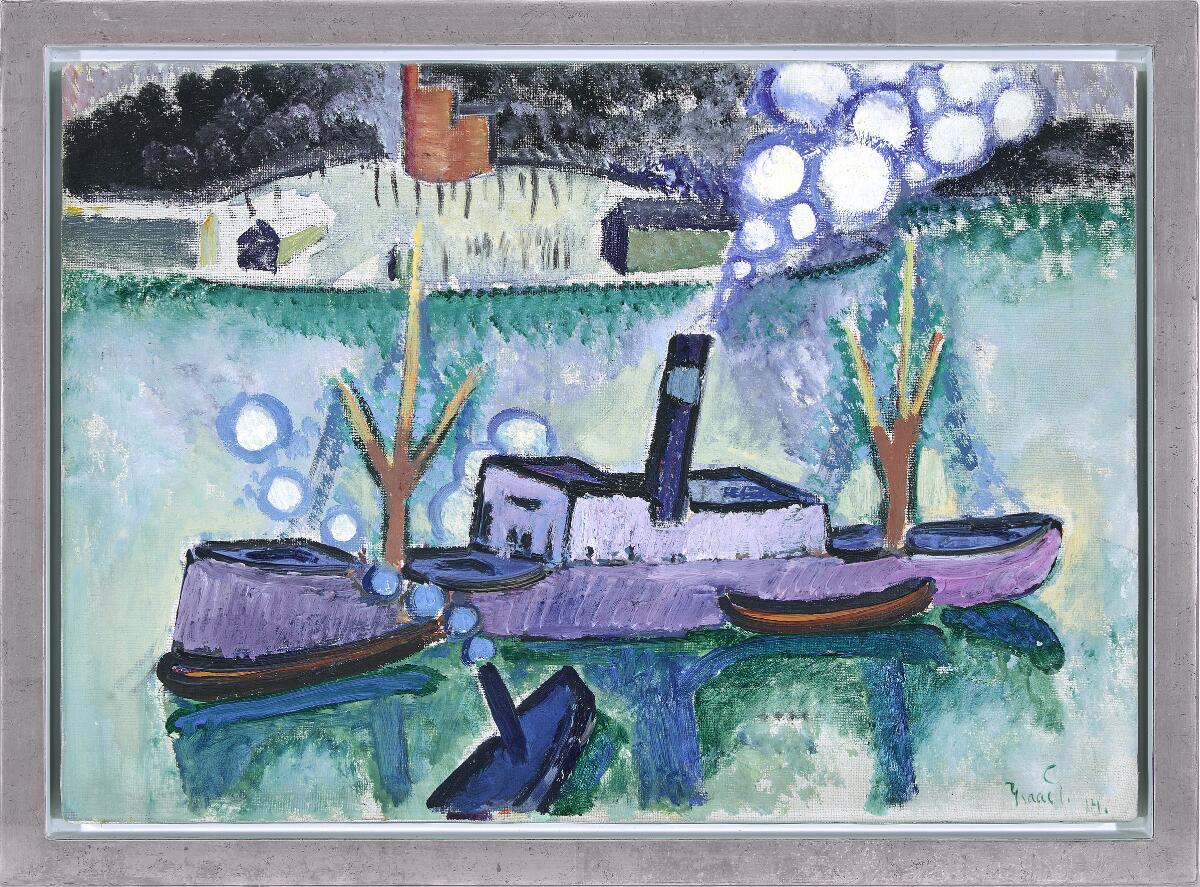 Boats on the Rhine, 1914. Signed Isaac G. 14. Oil on canvas. 35×49 cm.