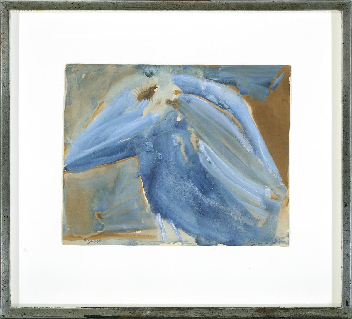 Blue bird. Signed chp 45. With dedication on the reverse: “Julen 1945 - Kære Fru Johansen - Glædelig jul ønskes af Else og Carl-Henning” (Christmas 1945 - Dear Mrs. Johansen - Merry Christmas from Else and Carl-Henning). Watercolour and gouache on paper. Sheet size 21.5×27 cm.
