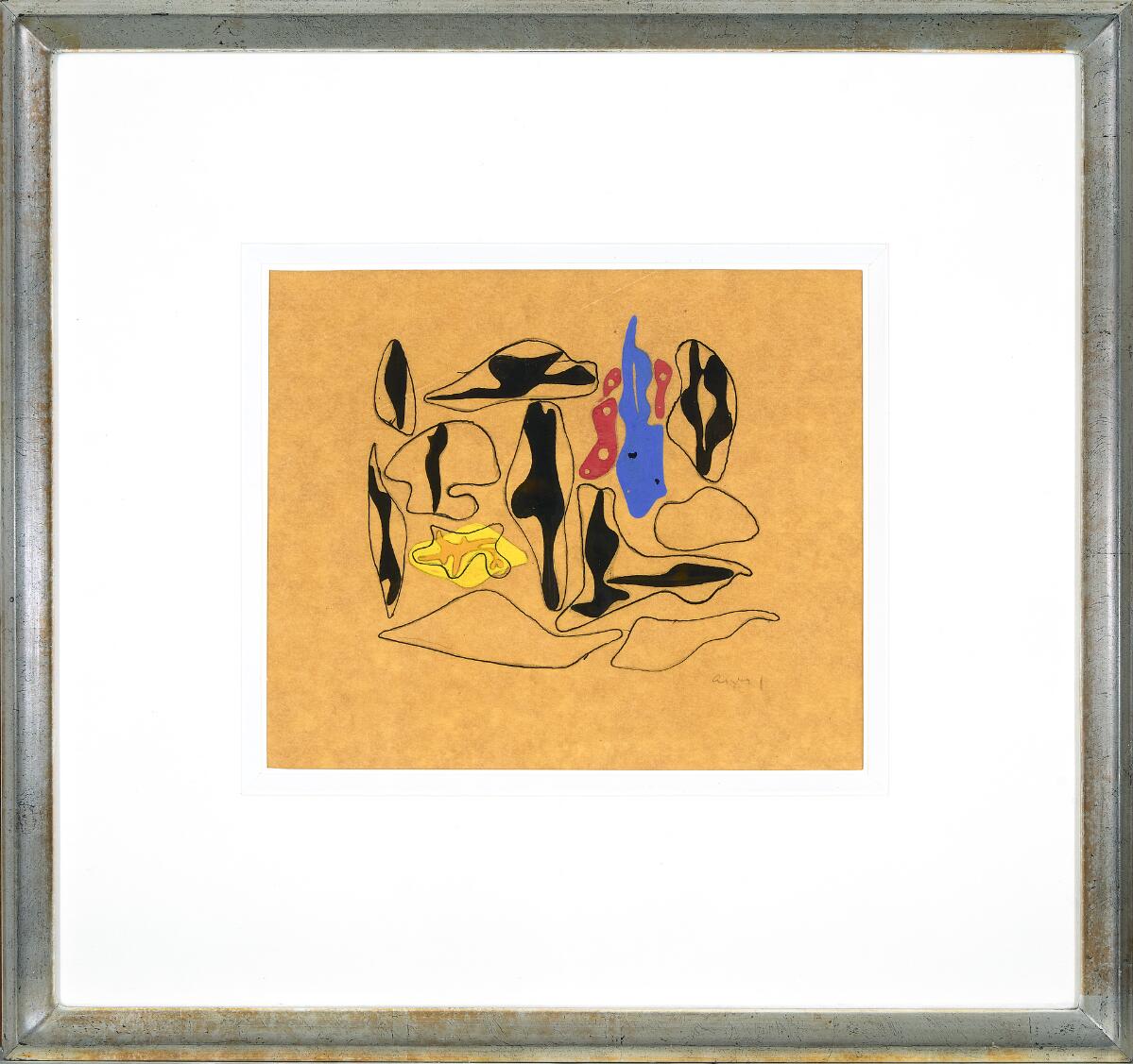 “Pigen i ilden”, 1938 (1939). Original template for Van de Loo 8. Signed Asger J. Gouache and watercolour on paper. Visible size 20.5×25 cm.