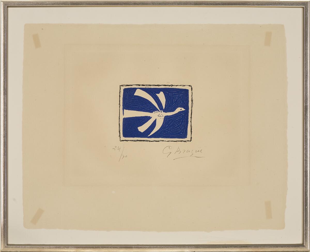 “Oiseau”, from the series “Août”, 1958. Signed G. Braque, 24/70. Aquatint in colours. Sheet size 37.5×48 cm.