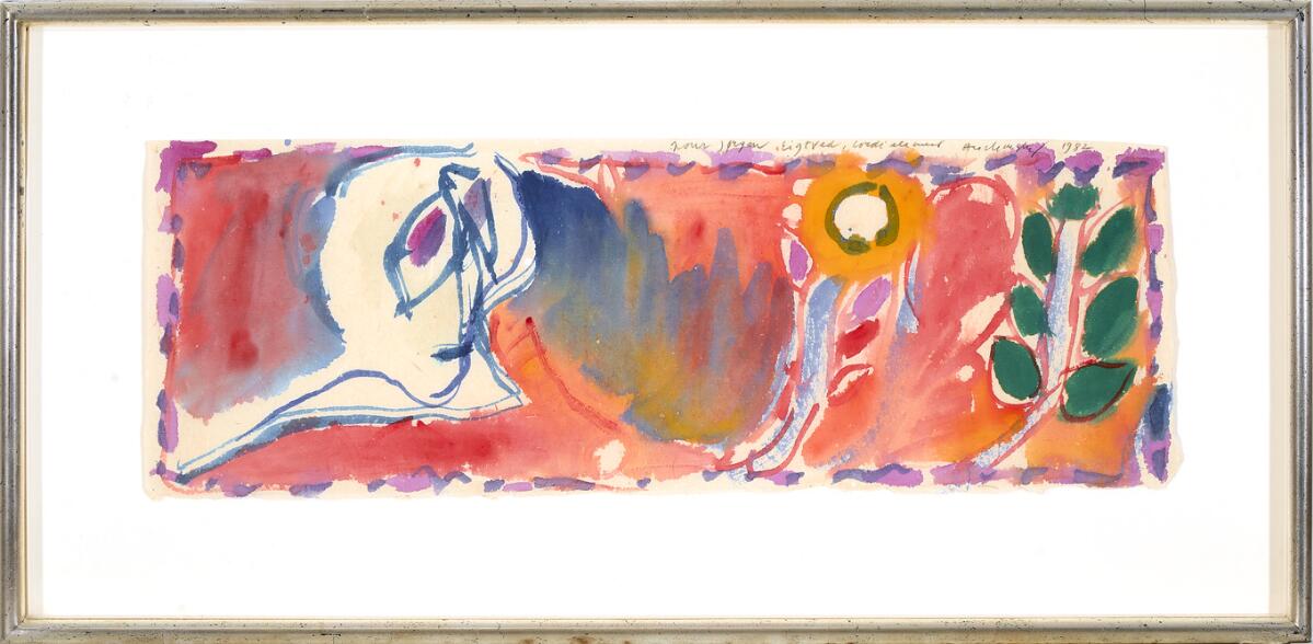 Untitled. Signed Alechinsky 1982 with dedication: pour Jørgen Eigtved cordialement. Watercolour on paper. Sheet size 19×55 cm.