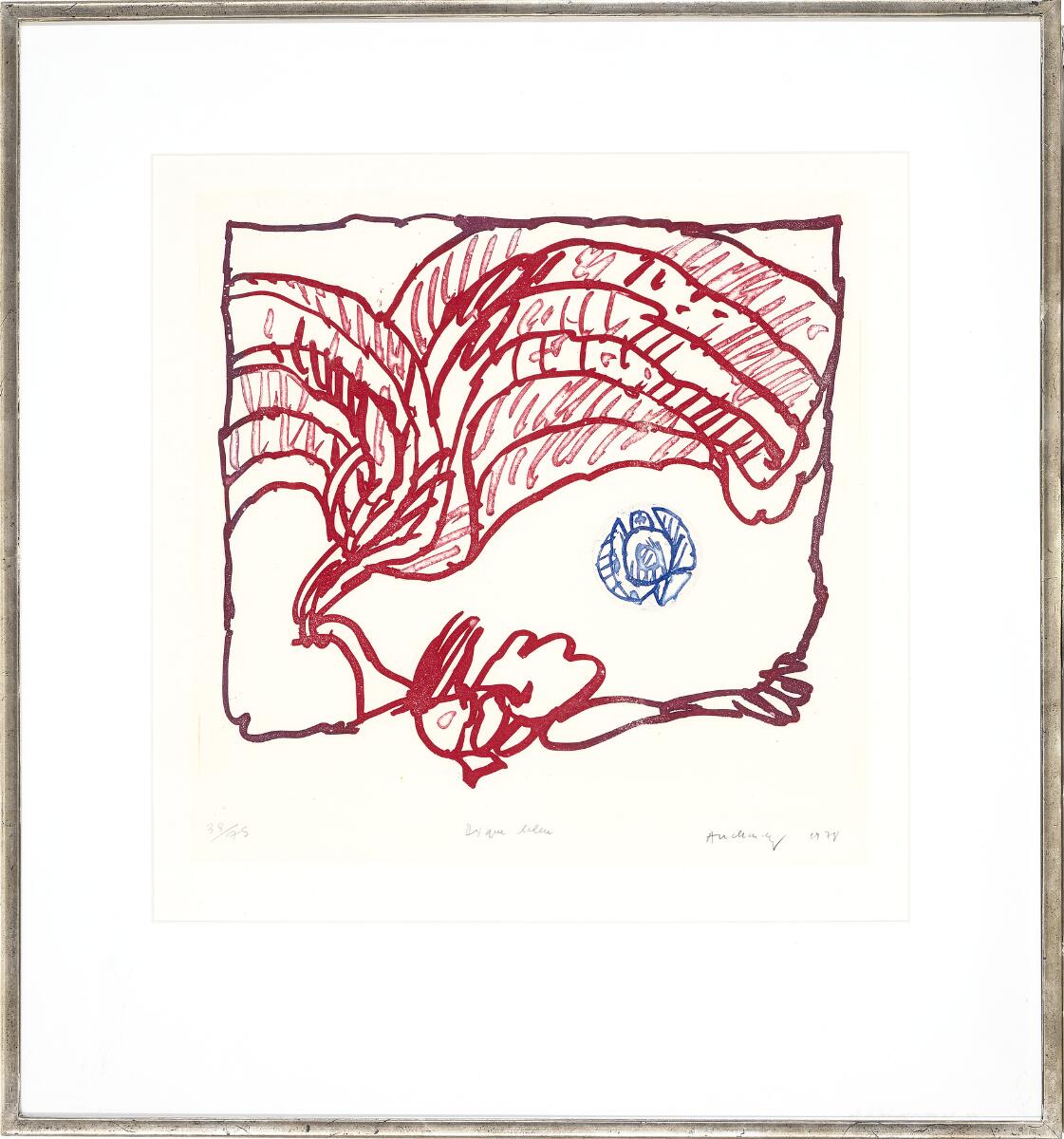 “Disque bleu”. Signed Alechinsky 1978, 38/75. Aquatint and etching in colours. Visible size 48×47 cm.