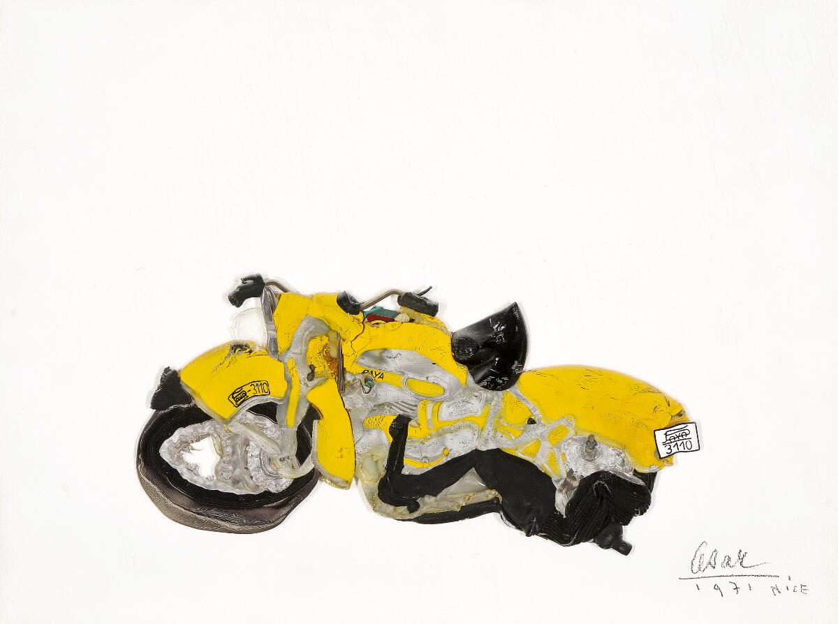 Compression de motocyclette. Signed Cesar, Nice 1971. Ed. 50 ex. Ed. Nicole Fauche, Paris. Coloured metal. Mounted on white painted board. 33×44 cm.
