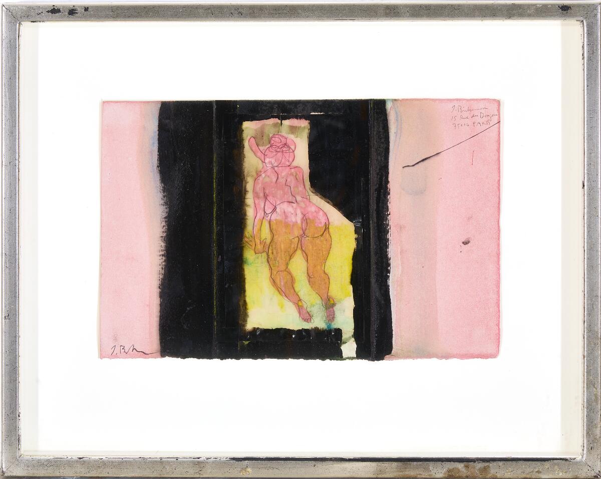 Model. Signed J. Birkemose 15 rue du Dragon 75006 Paris. Watercolour and lacquer paint, collage on paper. Sheet size 17×26 cm.