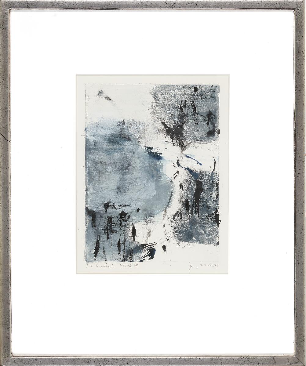 Two compositions, 1985 and 1995. Signed resp. J. Birkemose 85 and Jens Birkemose 20–8-95 with a dedication to Henning. Hand coloured prints. Visible size c. 22×17 cm. (2)