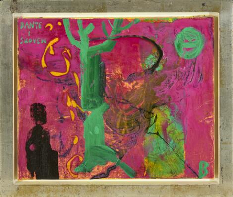 Jens Birkemose: "Dante i skoven", 1999. Signed B; signed and dated on the reverse. Oil on canvas. 25 x 30 cm.