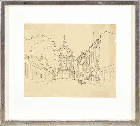 Sven Okkels: View towards The Marble Church, Dame Hotel, Copenhagen. Unsigned. Indian ink on paper. Sheet size 17 x 21 cm.