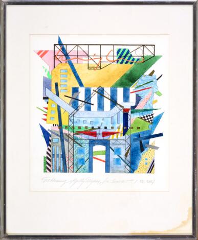 Ernst Lohse: Architectural drawing, 20/08 1985. With dedication. Watercolour on paper. Visible size 20 x 17 cm.