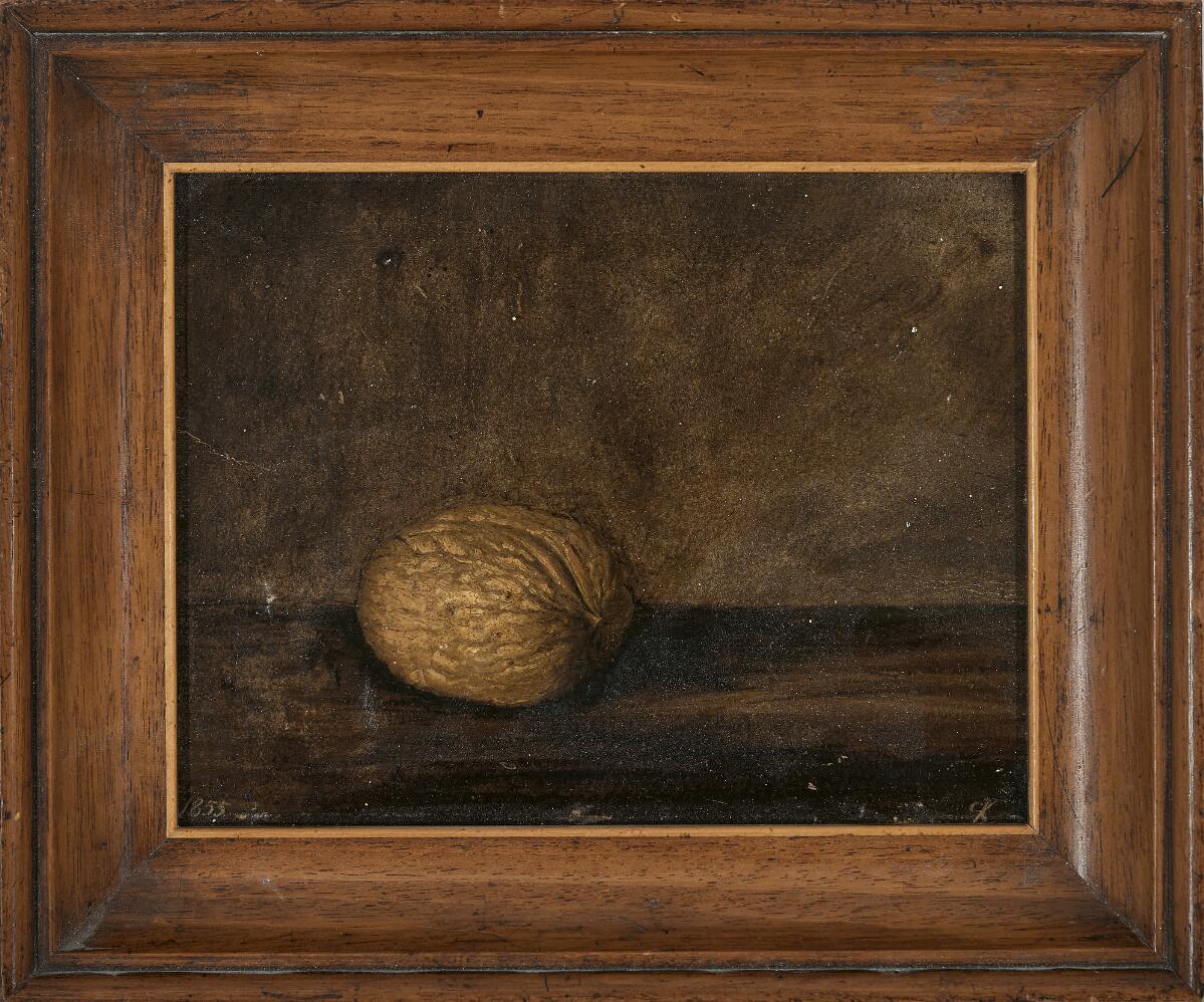 Still life with walnut. Signed CK 1855. Oil on plate. 14×18 cm.