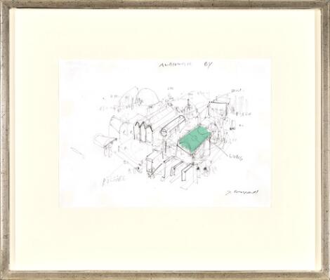 Jes Fomsgaard: "Anatomisk by". Signed Jes Fomsgaard. Pencil and gouache on paper. Sheet size 20 x 30 cm.