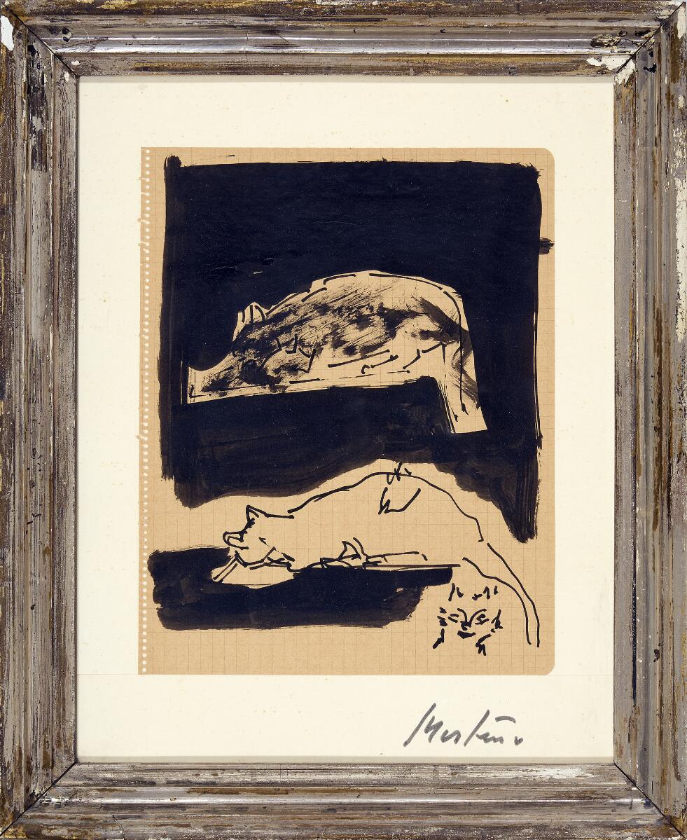 Two cats. Signed R. Mortensen. Indian ink on paper. Sheet size 22×17 cm.
