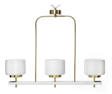 Paavo Tynell: Ceiling lamp with white painted metal and brass frame. Opal glass shades.