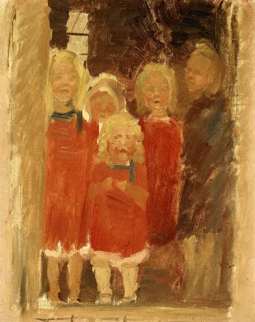 Anna Ancher: Five small girls standing in a doorway. Unsigned. Oil on canvas. 42 x 33 cm.