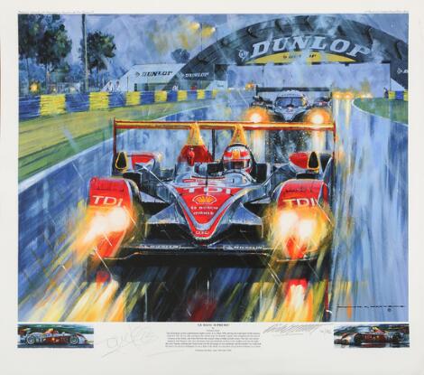 Nicholas Watts: "Le Mans Supremo". Signed Nicholas Watts and Tom Kristensen, 14/75. Giclee print in colours. Sheet size 61 x 69.5 cm.