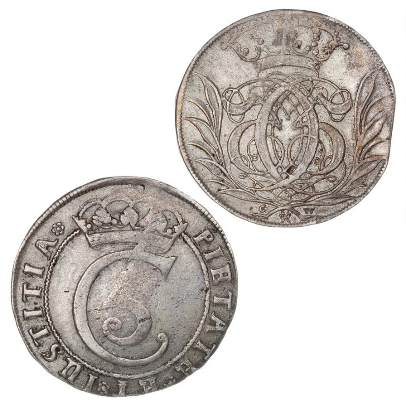 Christian V, 4 mark / krone 1681, H 67B, and Glückstadt, 4 mark / krone...