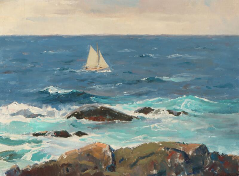 Sigurd Kielland-Brandt: Sailing ship by a rocky coast. Signed S...