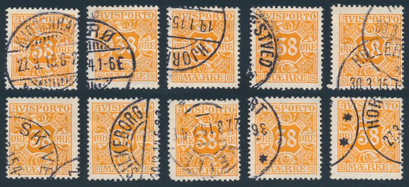 1914. 38 øre, orange. wm. IV. 10 used copies, all with diff...