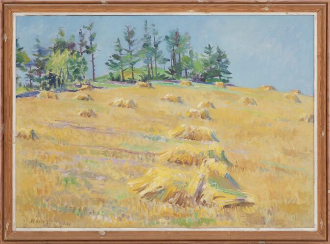 Albert Naur: Haystacks. Signed Naur 47. Oil on canvas. 100 x 140 cm ...