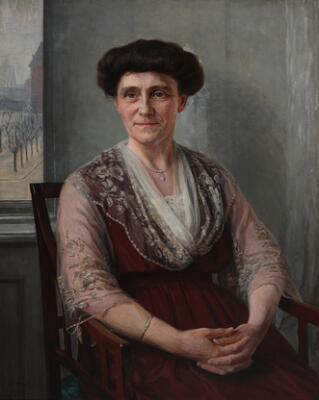 “Dameportræt”. Portrait of Euphrosine Gøtzsche wife of Niels Andreas Filtenborg. Signed A. Hou, 1919, and inscripted on the reverse. Oil on canvas. 85,5×68,5 cm.